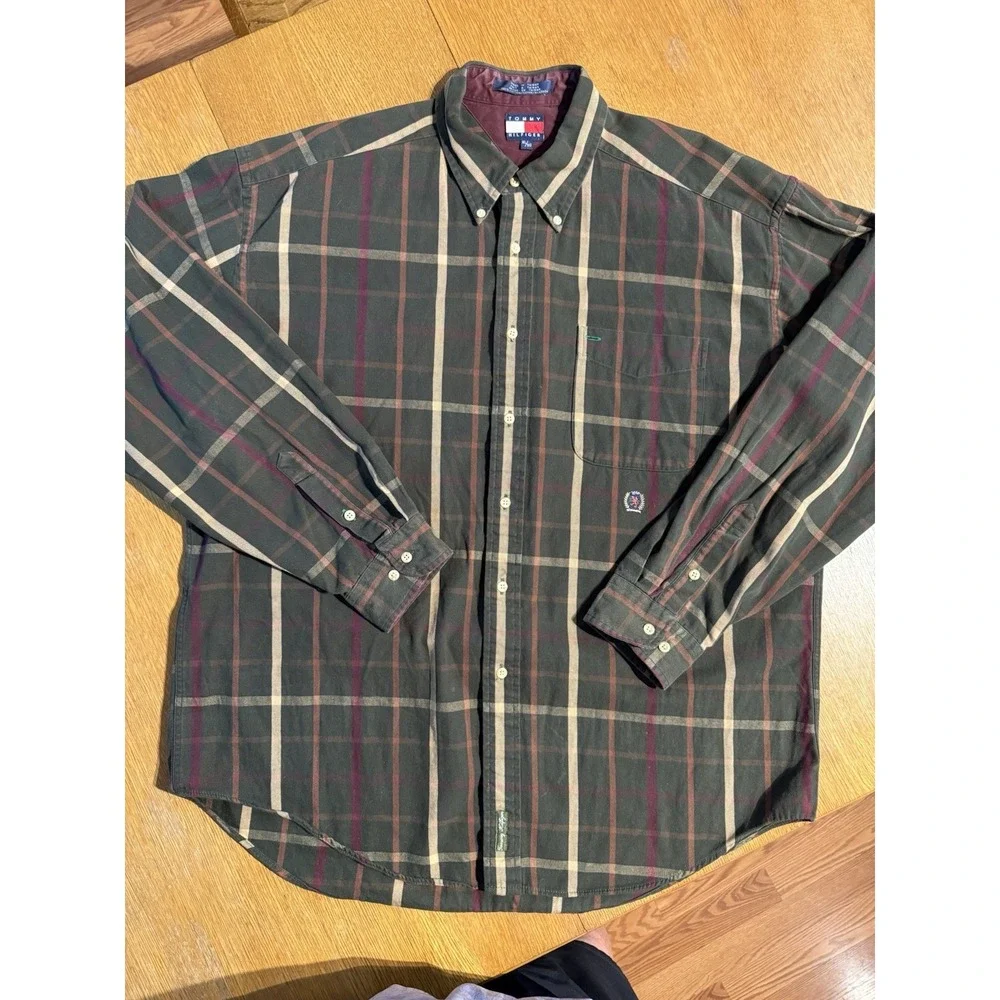 VINTAGE Tommy Hilfiger Shirt Mens XL Plaid Flannel Crest Logo‎ Button Down 90s